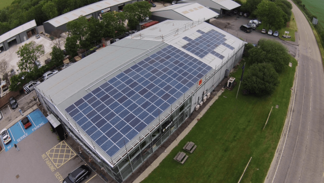 Birds-eye view of 50KW solar PV installation at Mercedes-Benz Truro